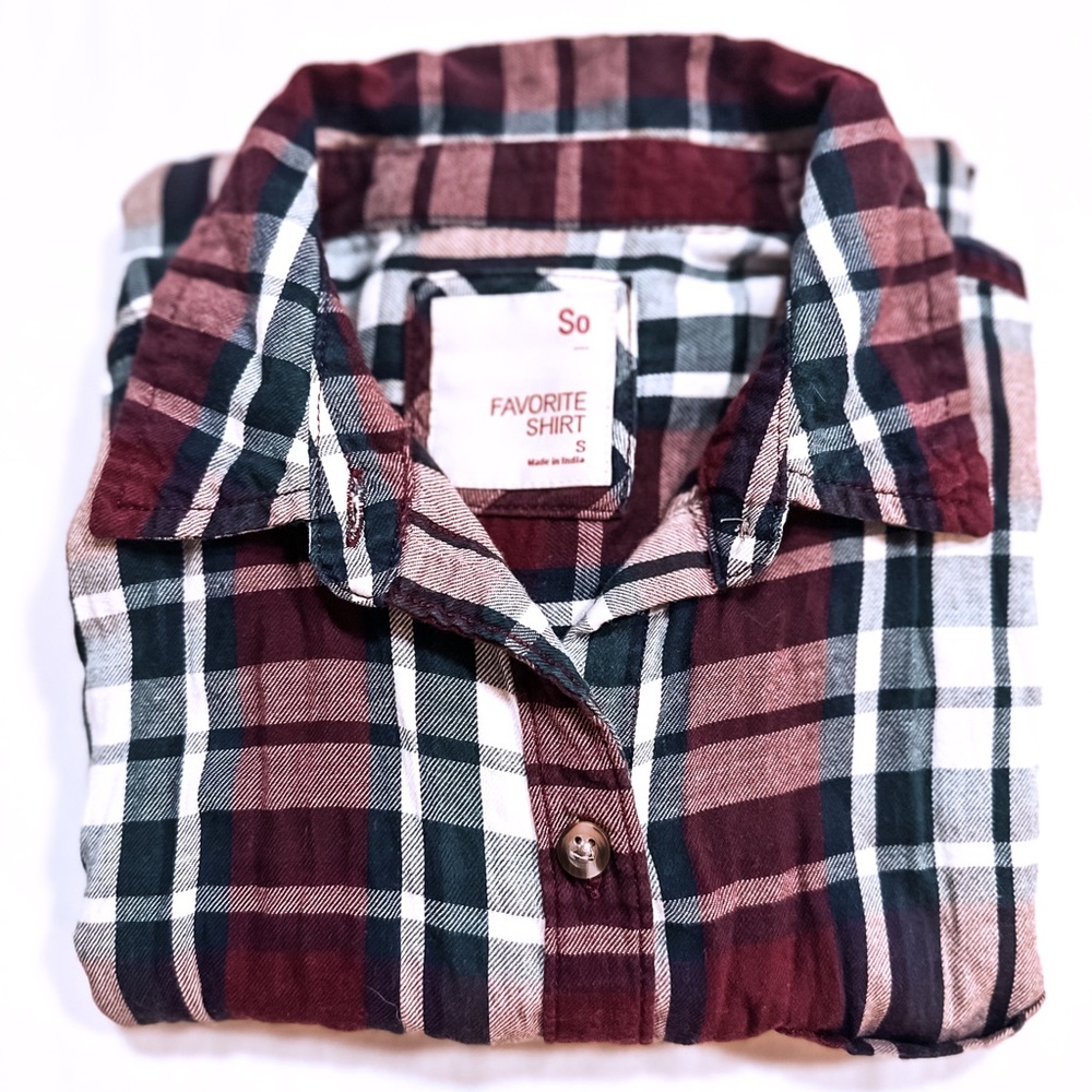 🍁 (4/$30) Kohl’s SO Long-Sleeve Burgundy/Forest Green Plaid Button-Down (S)